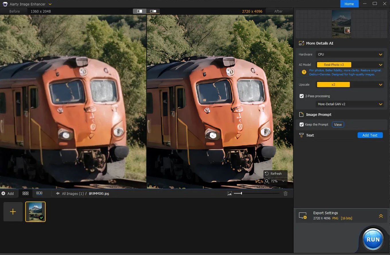 Real Photo UI of Aiarty image enhancer